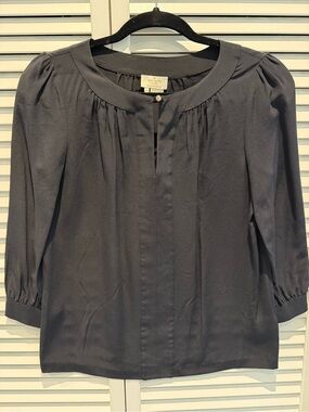 kate spade Black Rounded-Neck Pleated Puff-Sleeve Blouse